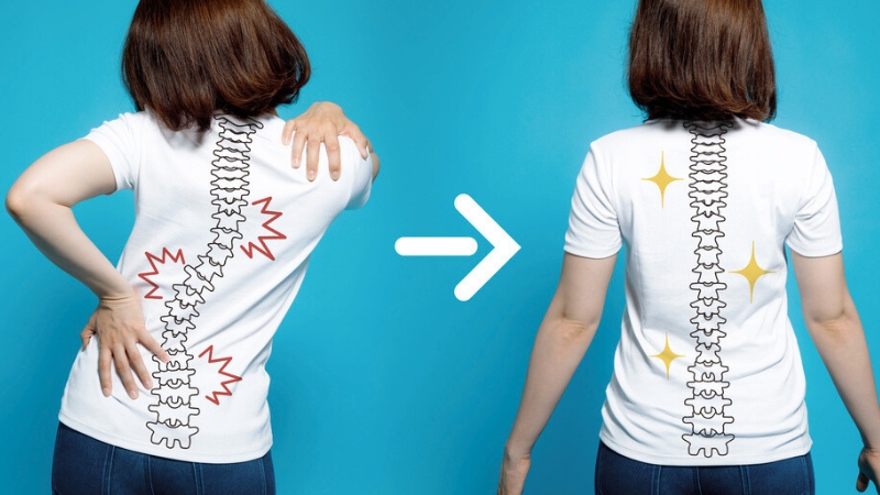 Before-and-after illustration showing how a chiropractor can fix poor posture, resulting in a properly aligned spine and pain relief.