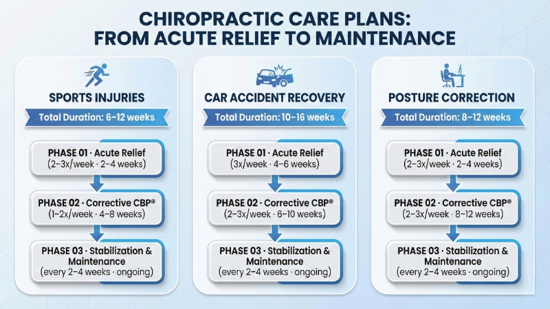 Chart illustrating chiropractic visit frequency and treatment timelines for sports injuries, car accident recovery, and posture correction, progressing from acute relief phase to corrective CBP and maintenance care.