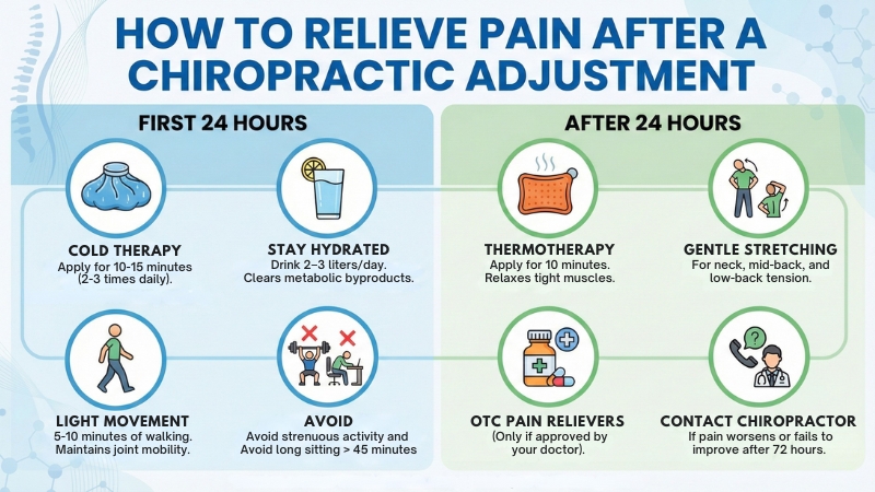 Infographic showing how to relieve pain after a chiropractic adjustment with cold therapy, hydration, light movement, thermotherapy, gentle stretching, and follow-up guidelines.